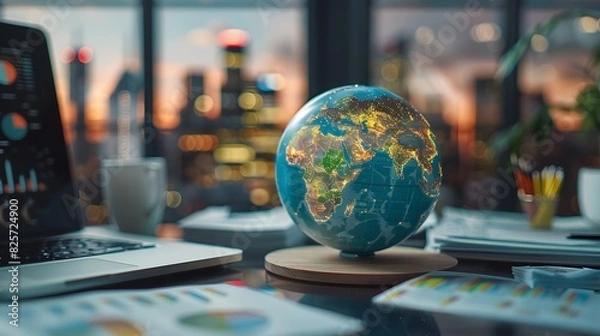 Obraz An image of a globe with various landmarks representing different countries. The globe is on a desk in a high-tech office. Surrounding the globe are documents, laptops, and charts related to business 