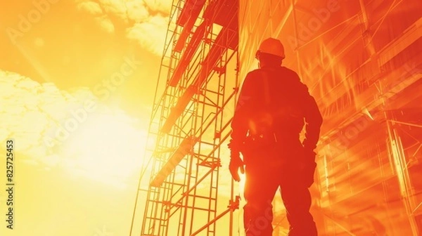 Fototapeta Crane engineer with safety gear close up, focus on, copy space striking tones, Double exposure silhouette with scaffolding