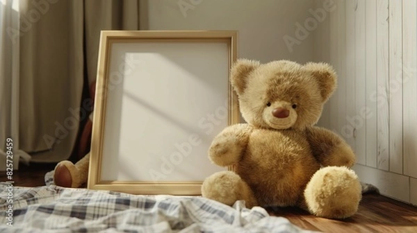 Fototapeta Frame mockup, empty picture frame with cute teddy bear and poster, 3D render
