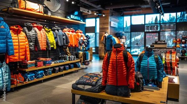 Fototapeta A modern outdoor gear store with colorful jackets and equipment on display, providing various options for adventurers and outdoor enthusiasts.