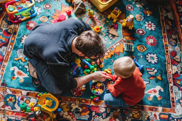 Fototapeta Aerial view of father and young son playing with toys on rug at home.