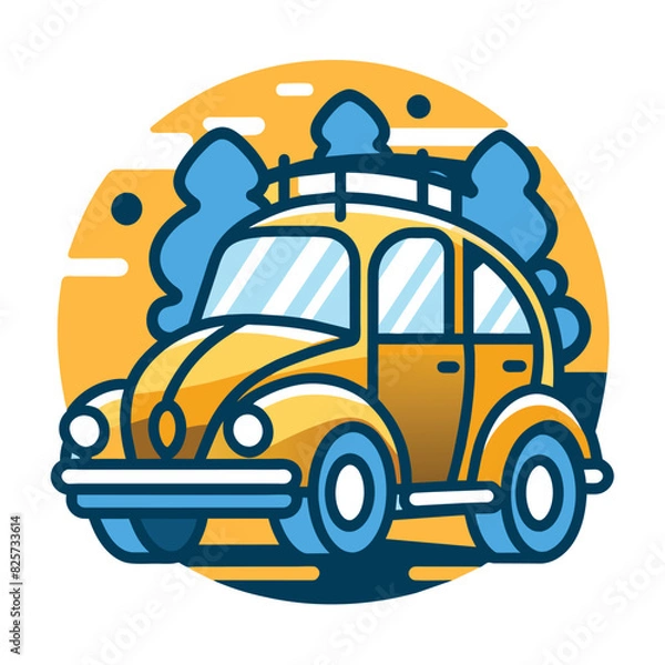 Fototapeta Yellow Vintage Car with Blue Trees and Sunset Background