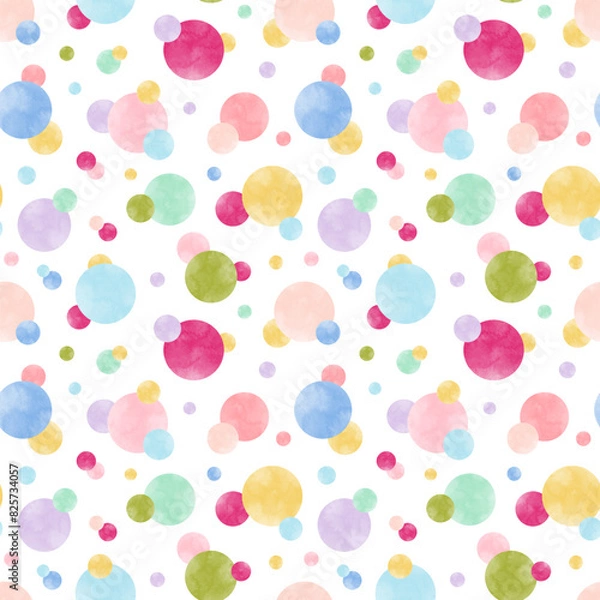 Obraz Pastel watercolor bubble, gum, candy seamless pattern vector. Colorful circle on white background. Geometric design for wallpaper, banner, graphic, fabric, textile, print, cover, wrapping, paper, card