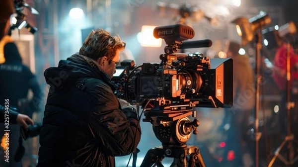 Obraz A man is working on a camera rig with a red cable generated by AI