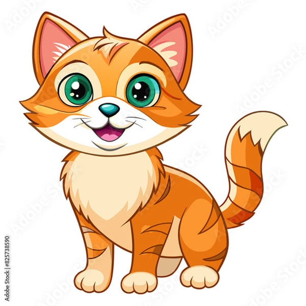 Fototapeta A cheerful and cute orange cat with green eyes, big ears, and a happy expression, standing confidently on its four legs, exuding charm and playfulness.