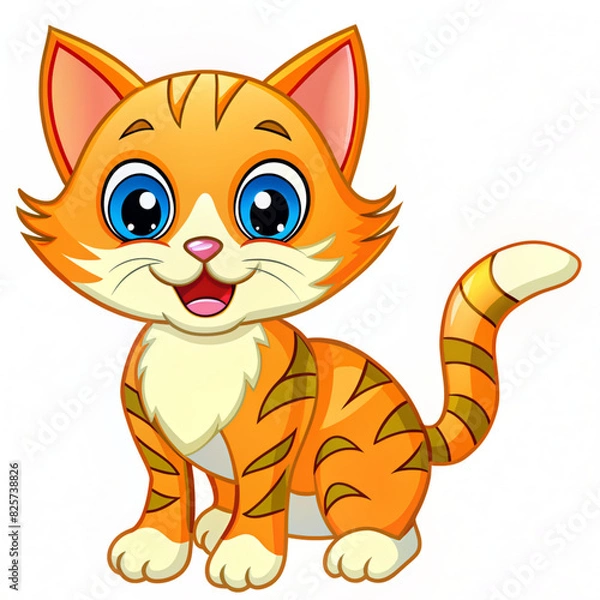 Fototapeta A cheerful and cute orange cat with green eyes, big ears, and a happy expression, standing confidently on its four legs, exuding charm and playfulness.