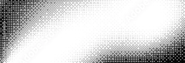 Obraz Bitmap pixelated grunge gradient texture. Black and white dither pattern wallpaper. Abstract glitchy 8 bit video game pattern background. Wide rasterized backdrop. Retro pixel art Illustration. Vector