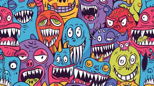 Fototapeta Whimsical Monster Doodle Pattern with Colorful Smiling Characters
