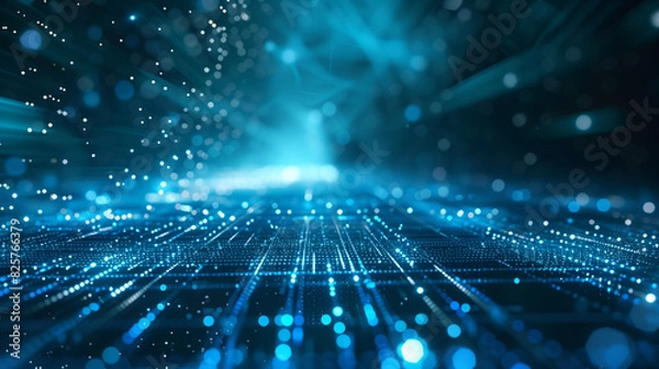 Fototapeta A breathtaking blue technological landscape, characterized by precise lines and sparkling dots, surrounded by mesmerizing halos, embodying the best possible quality 