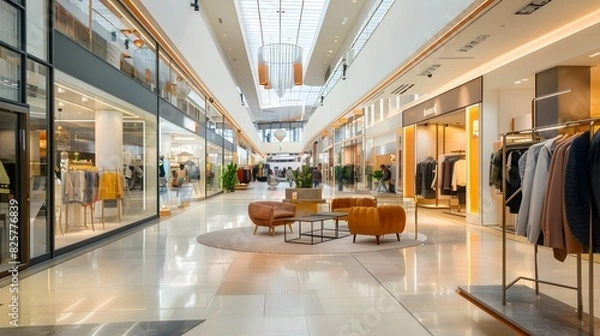 Fototapeta clothing boutique inside a bright shopping mall, featuring a spacious and sophisticated interior with a clear glass facade, retail store displaying a luxury collection of contemporary urban outfits