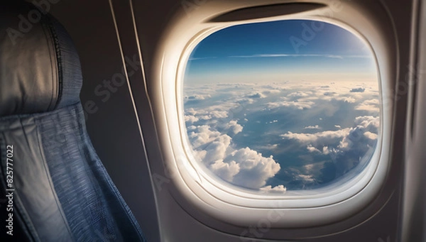 Obraz A portrait and close up image of an airplane window seat with sky view visible through the window, copy space
