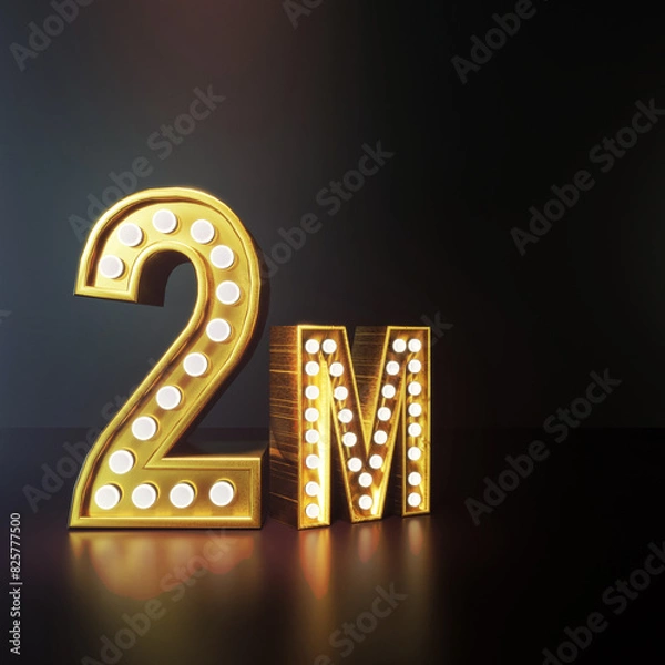 Fototapeta 2M or two Million follower or subscriber banner. Luxury Gold with lighting effect for achievement, thank you and celebrate etc. social media post on black background