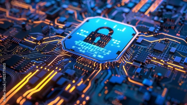 Obraz High-quality image representing EU cybersecurity directives, featuring a lock and stars symbol on a circuit board. The image illustrates the integration of EU cybersecurity regulations into digital 