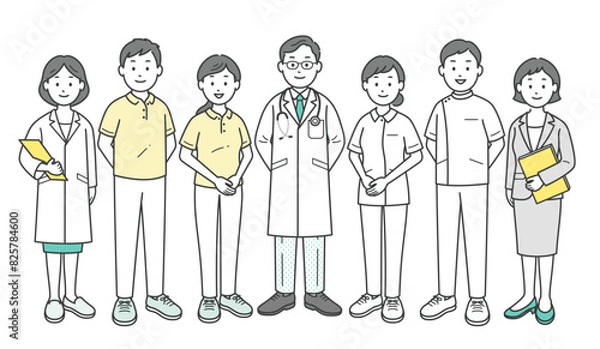 Obraz 地域の社会福祉を支える医師と看護師と介護士とケアマネージャーが集合した全身イラスト