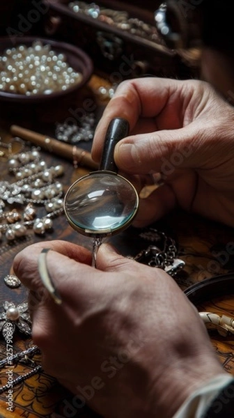 Obraz A man is looking at a piece of jewelry with a magnifying glass generated by AI