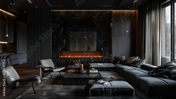 Fototapeta A luxurious living room with a dramatic dark color scheme featuring deep plush furniture a black marble fireplace and subtle ambient lighting that creates a cozy intimate atmosphere.