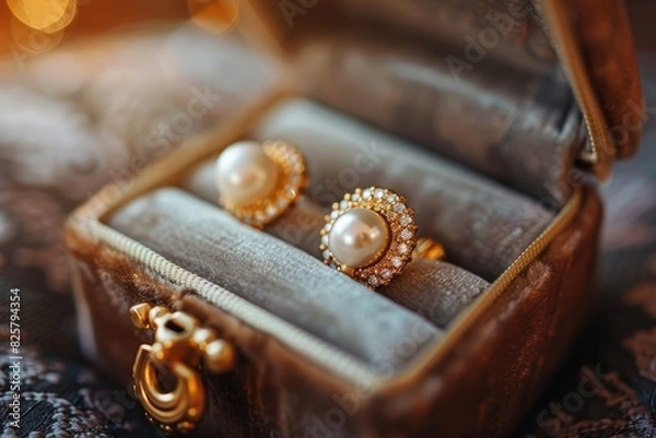 Fototapeta A close-up photo of a velvet jewelry box with a gold clasp, opened to reveal a pair of pearl earrings nestled inside. Soft light illuminates the luxurious details.