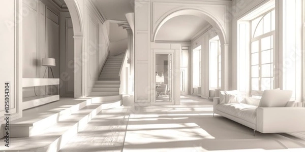Fototapeta Grand lobby featuring abundant plants and carefully placed potted greenery, offering a harmonious blend of nature and modern architecture. Hospitality design concept