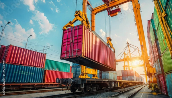 Fototapeta A crane is hoisting a shipping container onto a freight train, demonstrating intermodal transportation efficiency 