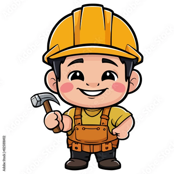 Fototapeta Cartoon builder with helmet and a hammer