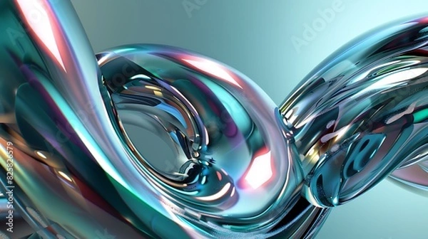 Fototapeta 3D render of a blue and green metallic shape with a glossy surface. The shape is made up of multiple curved segments that are connected together.