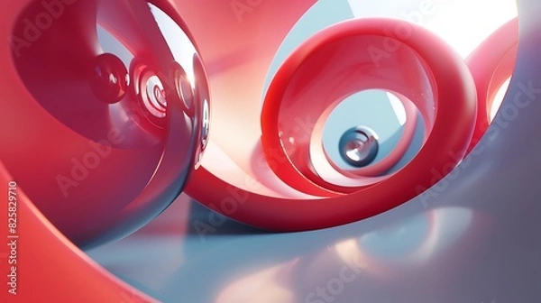 Fototapeta 3D rendering of red and white glossy spheres and rings. Abstract background with smooth shapes.
