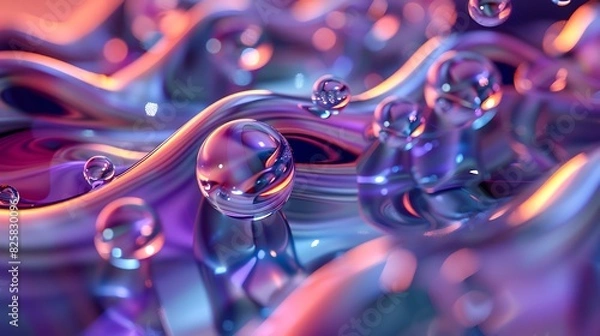 Fototapeta 3D rendering of a close-up of a clear glass ball on a colorful surface.