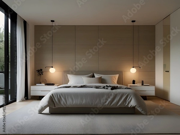 Fototapeta Minimalist bedroom with simple furniture and a neutral color palette, generative AI