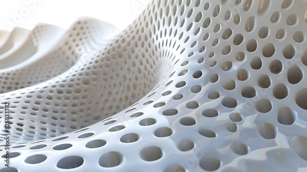 Obraz 3D rendering of a white parametric surface with holes. The surface is smooth and glossy, and the holes are evenly distributed.