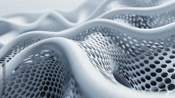 Fototapeta White abstract 3D rendering of a wavy surface with holes.