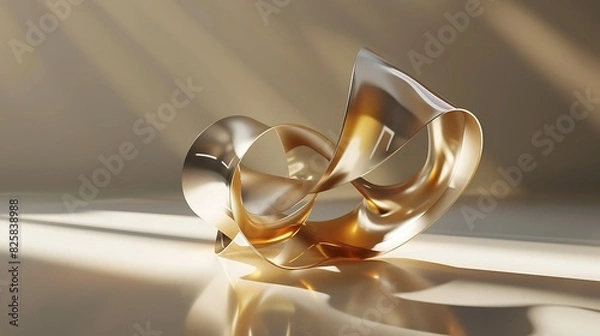 Fototapeta 3D rendering of a gold-colored metal sculpture. The sculpture is made up of two curved bands of metal that are intertwined.