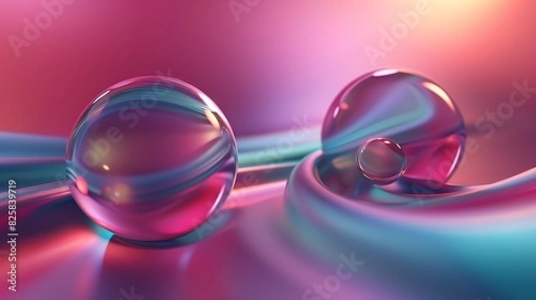 Fototapeta 3D rendering of two glass spheres on a glossy surface. The spheres are transparent and reflect the colors of the surface.