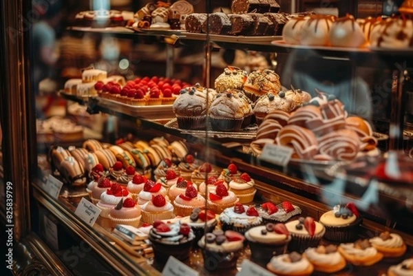Fototapeta A display of pastries with a variety of flavors and toppings generated by AI