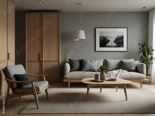 Fototapeta Scandinavian-style living room with light wood furniture and clean lines, generative AI