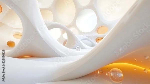 Fototapeta 3D rendering of a futuristic interior with parametric walls and glossy floor. Abstract organic forms in light colors with smooth reflections.