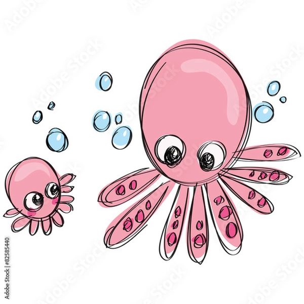 Fototapeta Cartoon octopus family in a childish naif doodle drawing style