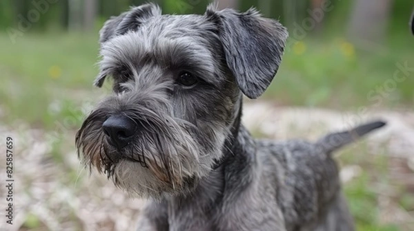 Obraz  A close-up of a dog in a field of grass and flowers, with trees in the background