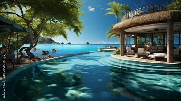 Fototapeta A pool background with an inviting swim-up bar, tropical cocktails, and a view of the ocean, perfect for promoting luxury beachside resorts and vacations.