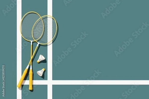 Obraz Badminton sport equipment's, bright yellow rackets and shuttlecocks on dark court. 3d illustration, render. Top view, copy space. Sport background for postcard, flyer, poster.