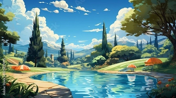 Fototapeta A pool background with children having fun on a water slide, inflatable pool toys, and parents relaxing under umbrellas, perfect for a summer vacation theme.