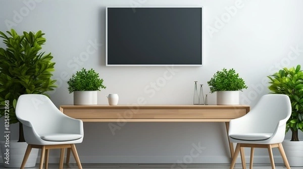 Fototapeta A clean and modern office mock-up with a large monitor, a sleek desk, a plant, and a cup of coffee, emphasizing simplicity and productivity.