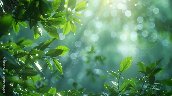 Fototapeta Sunlight filtering through lush green foliage, creating a serene and tranquil natural scene in a forest environment.