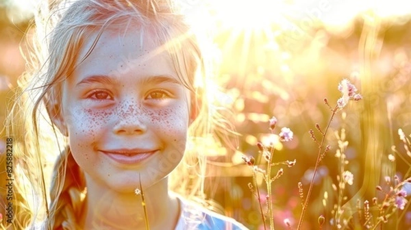 Fototapeta  A little girl, dotted with freckles, stands in a field overflowing with flowers