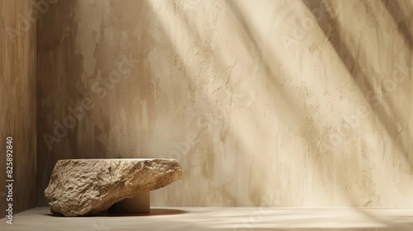 Obraz A minimalist 3D render of a brown stone podium splayed with natural rock elements, illuminated by warm sunlight