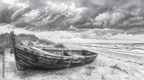 Obraz Abandoned beach with old wooden boat, cloudy sky, melancholic mood, monochrome, pencil sketch