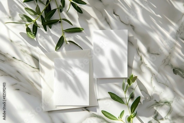 Fototapeta wedding stationery mock-up scene. Blank cotton paper greeting cards, invitations with olive leaves. Elegant marble background in sunlight, shadows overlay. Flat lay, top view