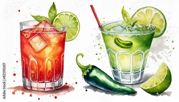 Fototapeta Summer cocktail set, spicy lime margarita in a short and tall glass and pepper jalapeno. Watercolor hand-drawn illustration isolated on white background. Perfect for recipe alcoholic lists with drinks