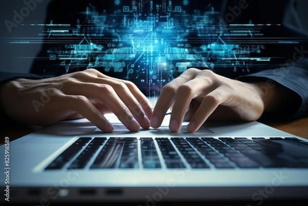 Fototapeta Hands typing on a laptop keyboard with digital code overlay, symbolizing technology, coding, and cybersecurity in a business environment.