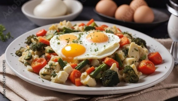 Obraz Egg omelet with vegetables , cabbage, tomato, breakfast, vegetables,