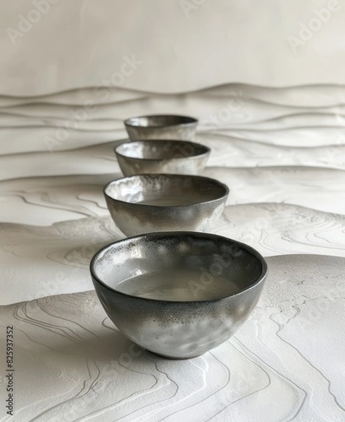 Fototapeta Row of four silver metallic bowls placed on a textured, layered white surface, creating an artistic and serene composition.